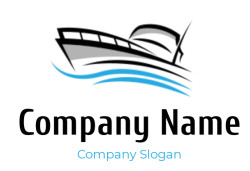 Stylized black and white boat icon with blue waves.