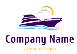 Stylized icon of a yacht with waves and a sun in the background.