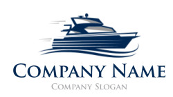 Sleek and modern blue speed boat logo design with dynamic lines.