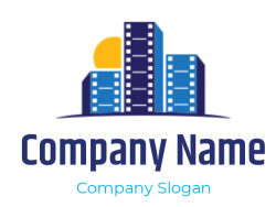 Abstract illustration of a city skyline with skyscrapers and a sun in the background.