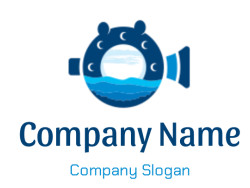 A circular ocean-themed logo featuring crescent moons and wave patterns in blue.