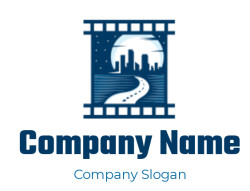 Illustration of a city skyline with a road leading to it, framed by a filmstrip, against a night sky with stars.