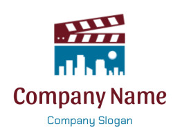 Icon of a film clapperboard above a city skyline silhouette.