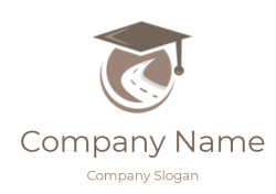 Graphic of a brown graduation cap and a white road within a brown circle.