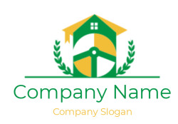 Emblem with a green farmhouse, yellow roof, wheat, and gear symbolizing an agricultural cooperative.