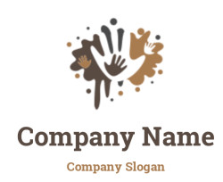 Abstract design featuring overlapping multicolored handprints with splatter effect.