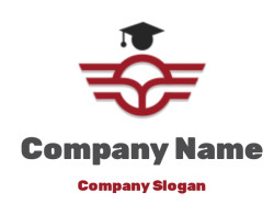 Logo featuring a graduation cap on a stylized emblem with wings in red and gray colors.