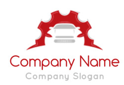 Red gear encircling a monochrome bridge logo on a transparent background.