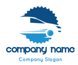 Blue automotive logo featuring a car silhouette within a gear shape.