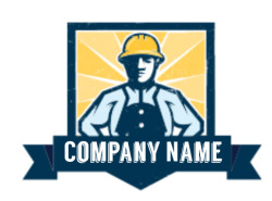 construction logo  worker inside square ribbon