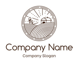 Rustic emblem featuring a barn and farmland with radiating lines.