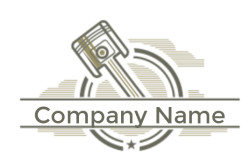 Monochrome logo featuring a piston and round emblem with a star