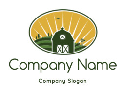 Emblem with a barn silhouette against a sunrise background surrounded by fields.