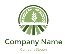 Green agricultural logo featuring a wheat symbol surrounded by laurel branches.