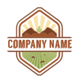 Vintage farm logo featuring a sunburst above mountains and a stylized field.