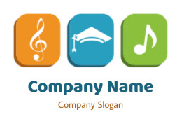 Three colorful icons featuring a music symbol, graduation cap, and musical note.