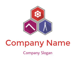 Three hexagons with a gear, a ruler, and a compass symbol inside, representing technical engineering concepts.