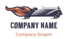 Vintage car logo featuring a flame graphic on a black and orange design.