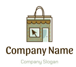 Illustration of a shopping bag with a computer cursor, symbolizing online shopping.