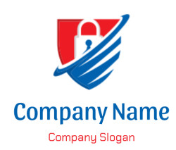 Logo featuring a security shield with a red background, white padlock, and blue streak elements.