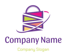 Abstract logo featuring a colorful shopping bag with geometric shapes and a purple and pink color scheme.
