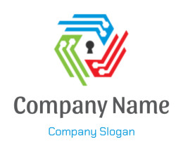 Logo design combining technology circuits with a key shape in blue, green, and red.