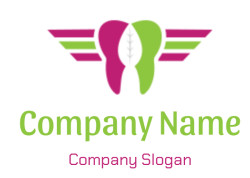 Abstract logo with pink and green wings and a symmetrical design.
