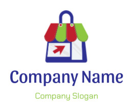 A colorful shopping bag icon with red and green design and a red arrow.