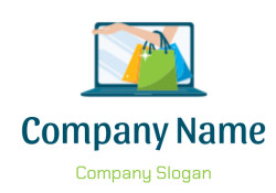 Illustration of an arm extending from a laptop screen holding shopping bags, symbolizing online shopping.