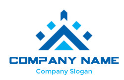 Abstract geometric logo with blue and white triangle and shapes.