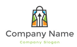 Icon of a shopping bag with colorful panels and an upward arrow.