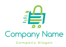 Graphic icon of a fast-moving shopping cart in green and blue.