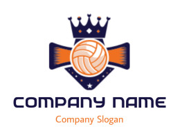 Emblem featuring a volleyball centered on an orange and purple design with a crown on top.