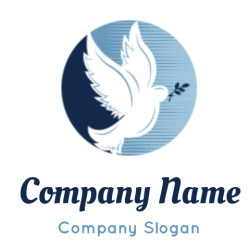 Silhouette of a dove carrying an olive branch within a blue circle.