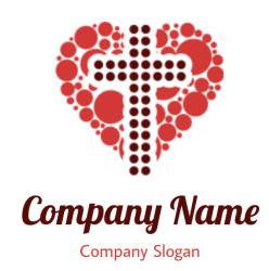 Abstract design of a cross with a red heart made of circles in the background.