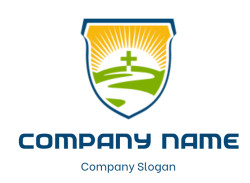 Shield emblem featuring a cross against a sunburst with a green landscape.