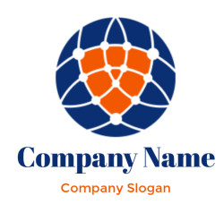 A geometric logo with a blue and orange design featuring interconnected shapes.