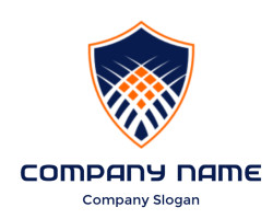 Blue shield logo with orange geometric pattern