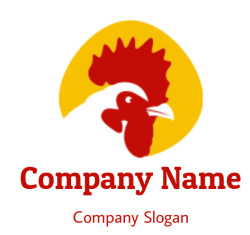 Stylized red rooster logo with a yellow background.