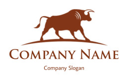 Stylized brown silhouette of a bull standing on a hill.