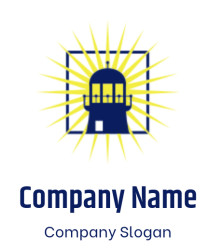 Art Deco style logo featuring a blue structure with radiating yellow sunbeams.