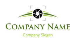 Abstract camera logo featuring a black shutter and green curved accents.