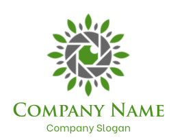 Eco-friendly photography logo featuring a camera aperture surrounded by green leaves.