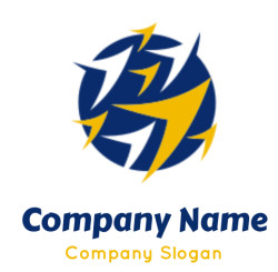 Abstract blue and yellow logo with geometric shapes.