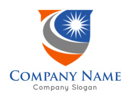 Shield-shaped logo with orange and blue colors featuring a sunburst design.