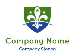 Green and blue emblem featuring a fleur-de-lis with two stars.