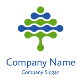 Abstract logo with green and blue interconnected geometric shapes in a symmetrical pattern.