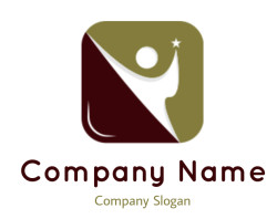 Abstract geometric logo in maroon and gold with a star symbol.