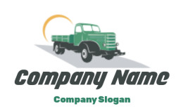 Illustration of a vintage green truck with a sun in the background.