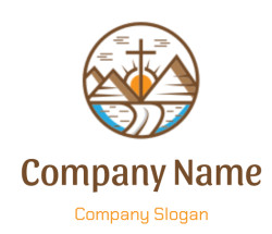 Circular icon featuring a cross with mountains, sun, and path.